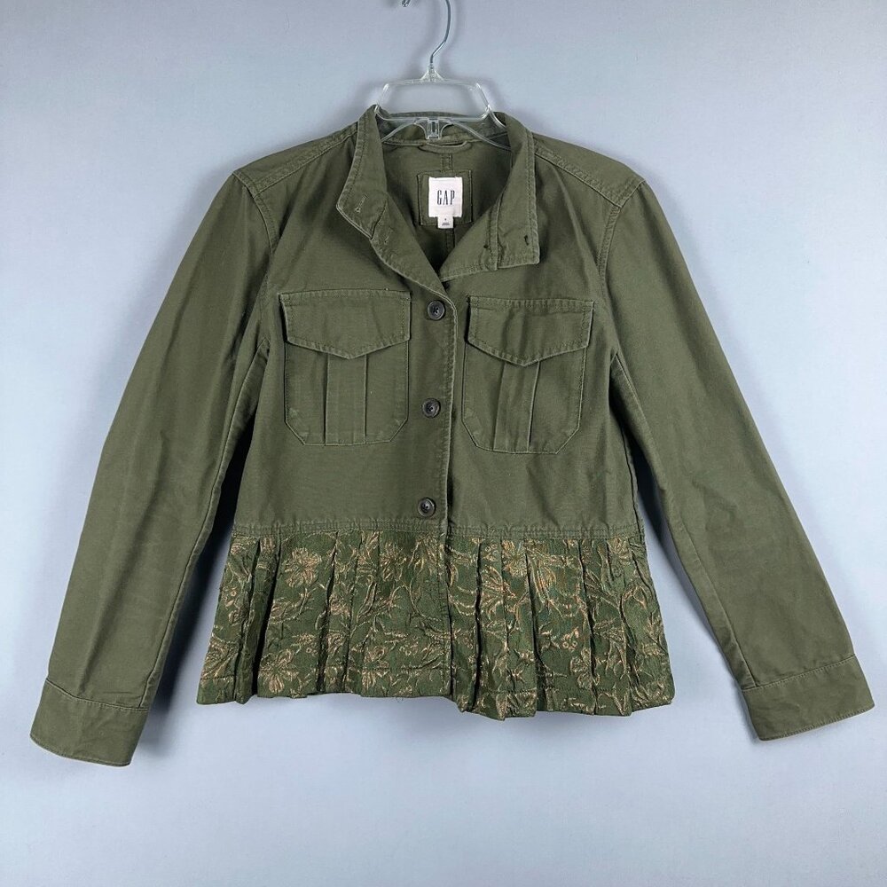 Gap Military Canvas Utility Jacket Womens Size Small Peplum Ruffle Hem Green